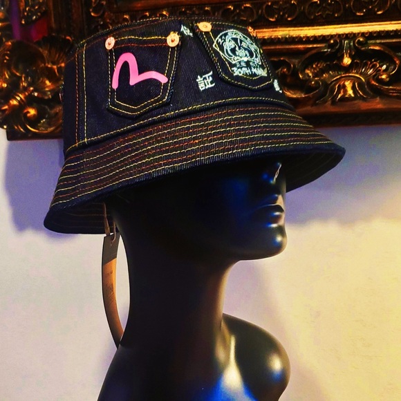 Evisu Multi-color Seagull Print Multi-Pockets Denim Bucket Hat Limited Edition - Picture 6 of 10